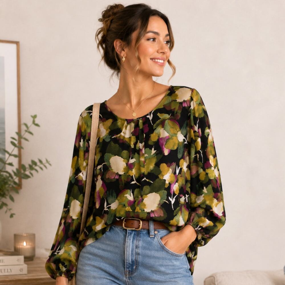 Susan Graver Liquid Knit Blouse Womens Size L Multicolor Office Casual Boho-chic